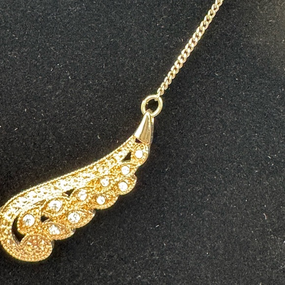 Gold & Rhinestone Wing Pendant Necklace 8” - Picture 5 of 6